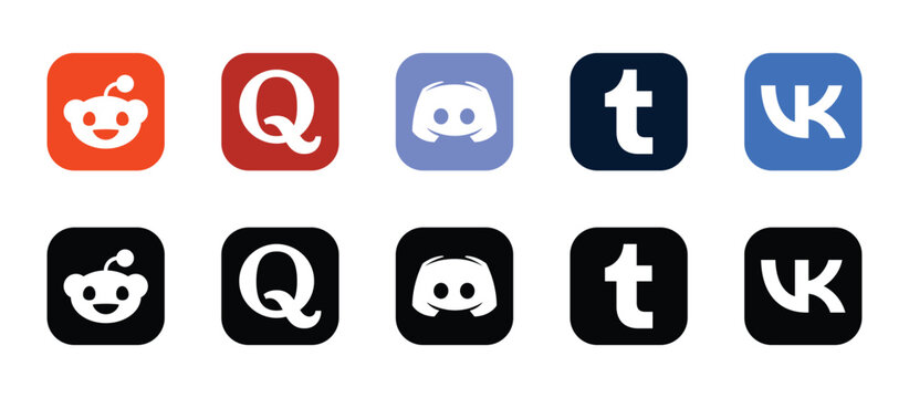 reddit quora discord tumblr vk colorful and black social media app icon vector set