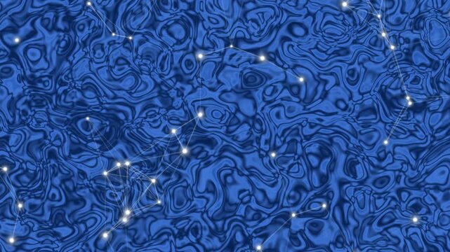 Abstract deep blue swirling liquid marble pattern with glowing white node network connections