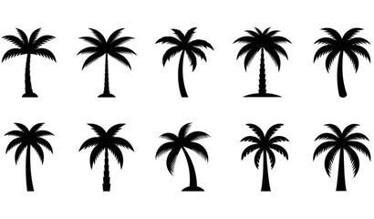 Fototapeta premium Minimal black palm tree silhouette vector icons isolated on white background for tropical branding and web design