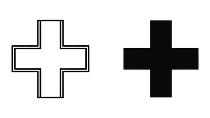 Obraz premium Cross shape symbol, representing medical, healthcare, or positive addition, shown in outline and solid black.