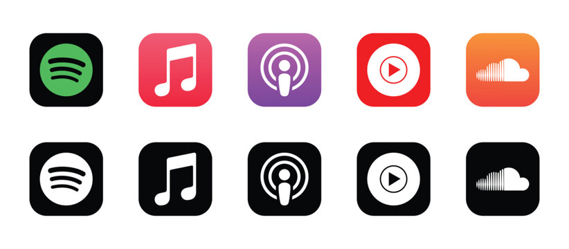 spotify apple music podcast youtube soundcloud colorful and black audio app icon vector set