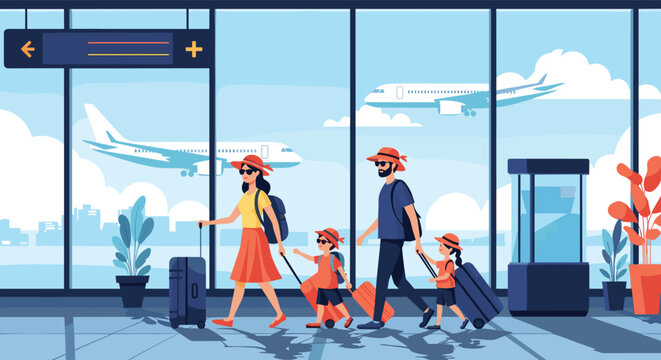 Family of four with suitcases walking through an airport terminal with large windows showing airplanes on the runway outside in the sun.