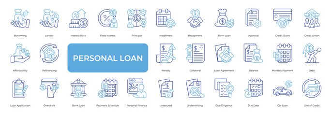 Personal Loan Icon set Collection in Line Two Color Style. personal, loan, borrowing, lender, debt, credit