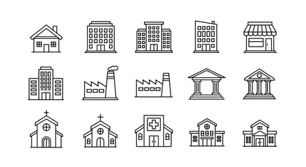 Fototapeta premium A set of black and white line art vector icons depicting various buildings and structures