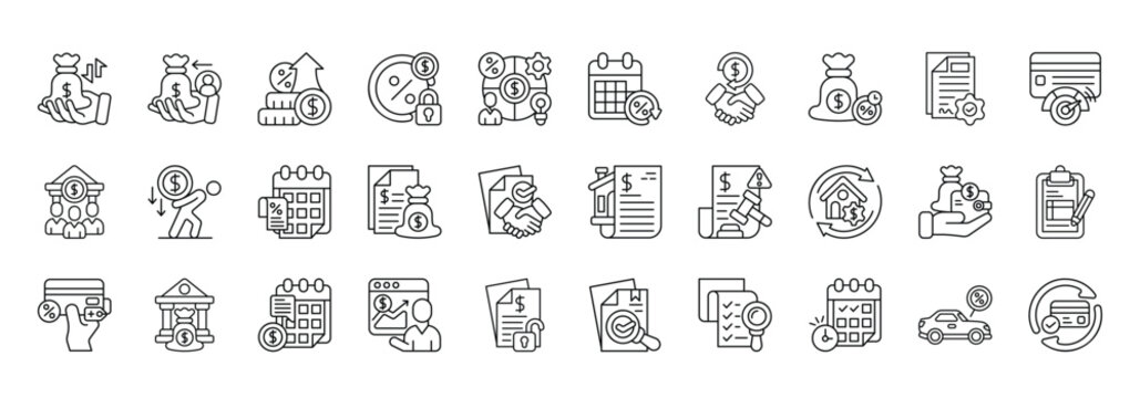 Personal Loan Icon set Collection in Line Style. personal, loan, borrowing, lender, debt, credit