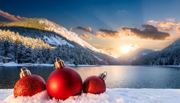 Weihnachtsstimmung Mit Roten Christbaumschkugeln Im Schnee Feierliche Stimmung Im Warmen Lichtern Sowie See Berge Und Weihnachtsbaum Im Hintergrund