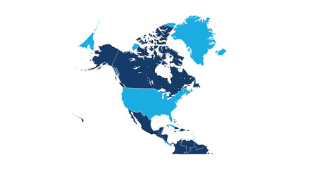 Geographic map of North and Central America using a professional blue color scheme to highlight various countries and major islands of region.