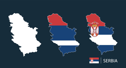 Fototapeta premium Geographic representation of Serbia in three different styles including a simple white outline, a solid flag shape, and the national flag map.
