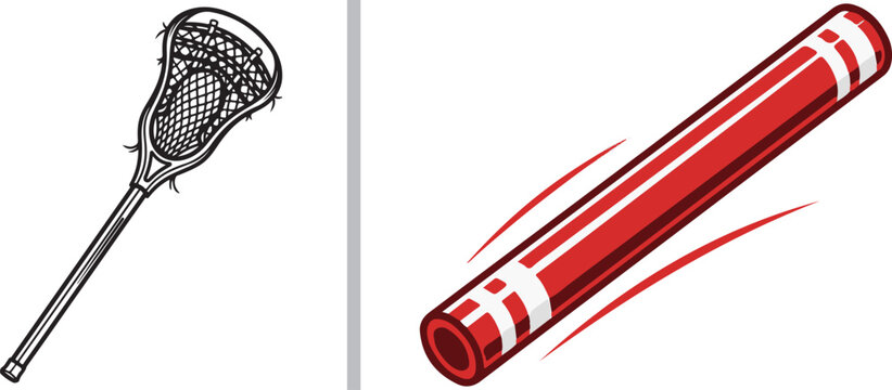 A sports vector set featuring a black outline of a lacrosse stick and a red relay baton with motion lines. Perfect for representing field sports, track and field, and team competitions.