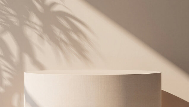 Minimalist podium with natural shadow overlay, neutral background, product display