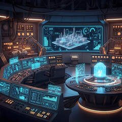 Fototapeta premium Futuristic control room interior with glowing holographic screens and advanced computer terminals for artificial intelligence and city management