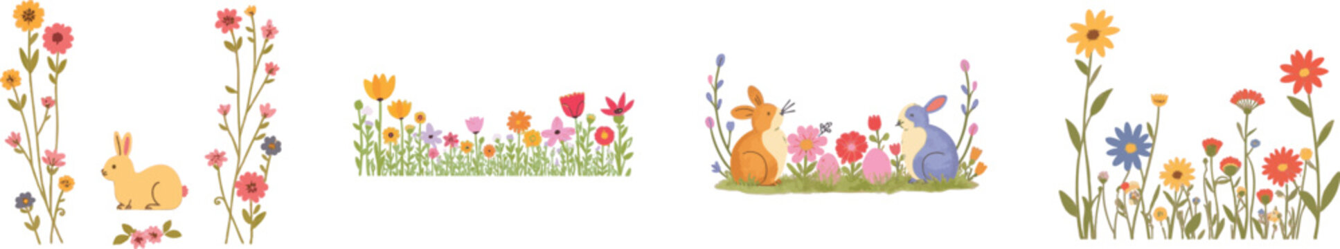Watercolor Cute Easter vertical banners set with colorful spring flowers in playful folk art style. Festive floral vector designs perfect for holiday posters, greeting cards isolated on white