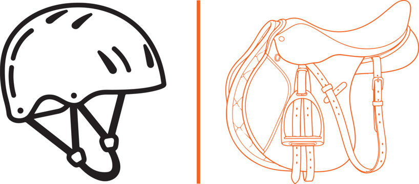 Minimalist equestrian vector icons featuring a black outline of a protective riding helmet and an orange outline of a detailed English horse saddle on a white background.