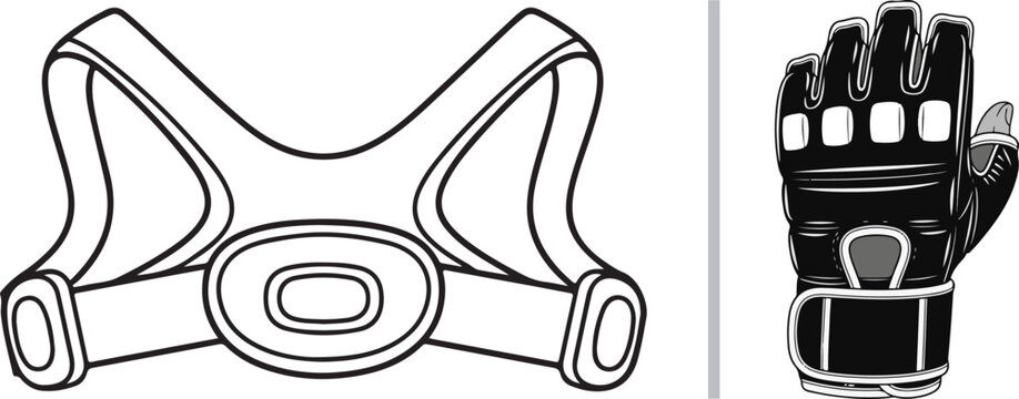 A fitness vector set featuring a black outline of a heart rate monitor chest strap and a padded weightlifting or tactical glove. Ideal for tracking performance and hand protection during workouts.