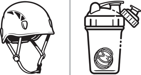Fototapeta premium A sports vector set featuring a bold black outline of a climbing or cycling helmet and a protein shaker bottle with a mixing ball. Ideal for fitness, safety, and outdoor adventure themes.