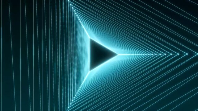 Abstract animated background motion video featuring a cyan or blue glowing triangular tunnel.