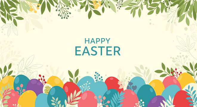 Decorative Easter background with a border of colorful patterned eggs at the bottom and green leaves at the top for greeting messages.