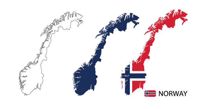 Different maps of Norway featuring a simple outline, a solid blue silhouette, and a map filled with the colors of the national flag.