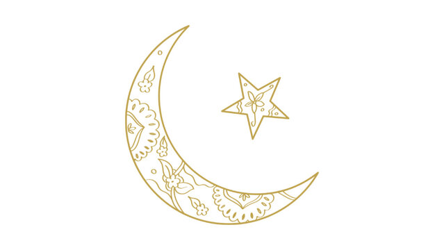 Golden crescent moon and star with intricate islamic pattern ornament