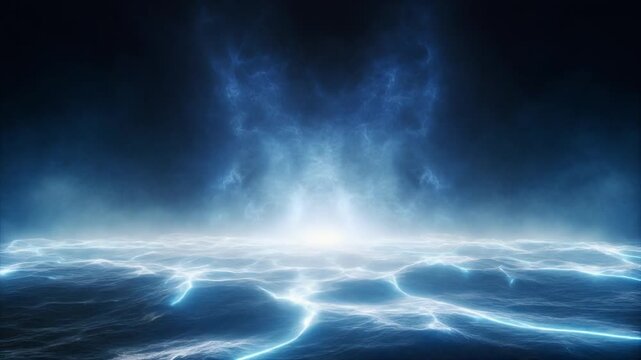 Futuristic white blue energy mist rising slowly glowing edges dissolving darkness seamless surreal ambience cascading softly abstract unique style ultra realistic loop