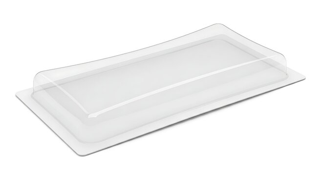 Long rectangular blister pack with a transparent dome on a white base, side view.
