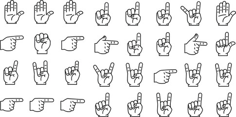 Large collection of black line vector hand gesture icons including counting pointing rock on sign language and various palm positions. © MDANWORUL