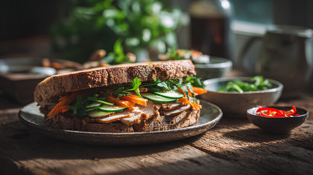 Title
Banh Mi Style Sandwich on Toasted Multigrain Bread with Grilled Pork Pate Pickled Carrot and Cucumber in Cozy Morning Light