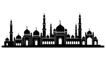 Panoramic Mosque Silhouettes Vector Illustration with Domes and Minarets © MDMunna