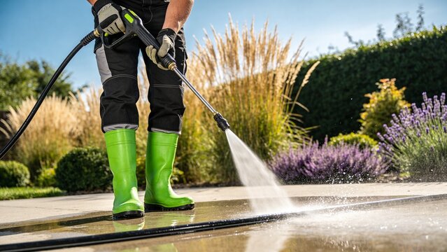 Outdoor cleaning of concrete patio using a pressure washer spray. Home maintenance, professional cleaning service, spring cleanup and household improvement concept.