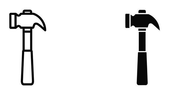 Hammer Tool Icons: Classic Outline and Bold Silhouette for Construction