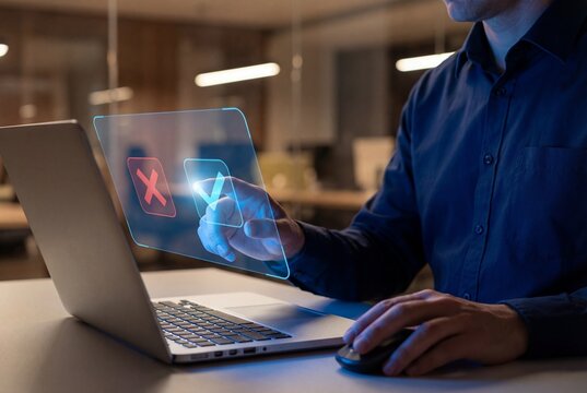 Man touching holographic interface showing access denied with red x