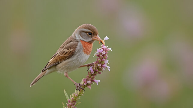 Adorable Common redpoll eating the flowers of Rumex acetosella while perched on the stem