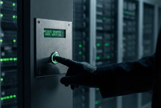 Hand presses illuminated button on secure server access panel