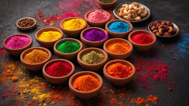 Traditional Holi Festival Colors with Gulal Powder and Sweets on Dark Background