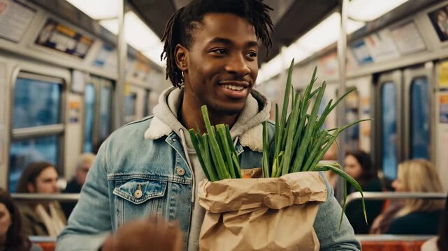 Young Man With Grocery Bag Of Green Onions On A Train With Blurred Passengers And Natural Lighting