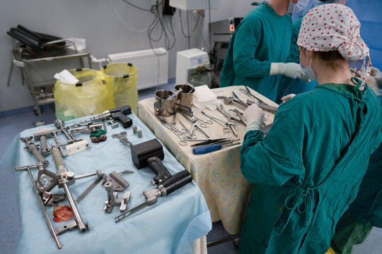 Table with a surgical instruments during operation