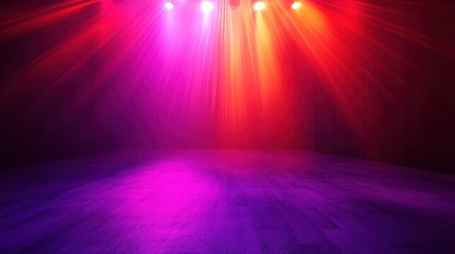 Vibrant lighting illuminates an empty stage ready for a dazzling performance with colorful beams creating an exciting atmosphere.