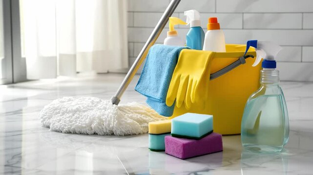 Cleaning tools and supplies in a bucket on the floor in room. Housework and daily cleaning, Cleaning tools in bucket for domestic chores