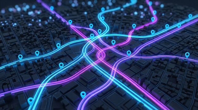 Futuristic Smart City Map with Neon Data Trails and Location Pins