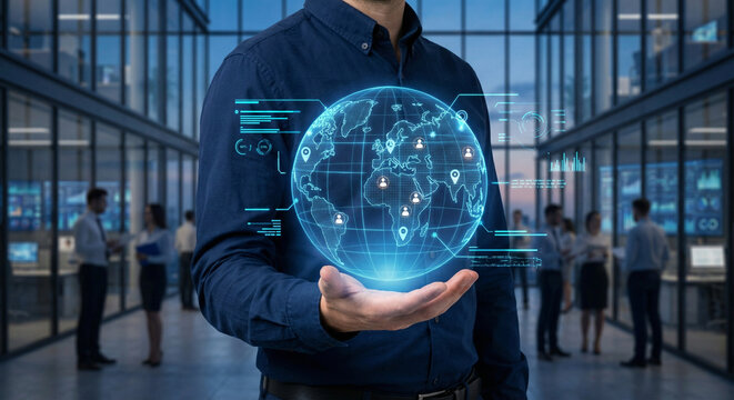 Businessman holding glowing blue global network in hand with office background and people