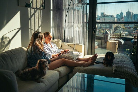Couple resting in the living room with their pets