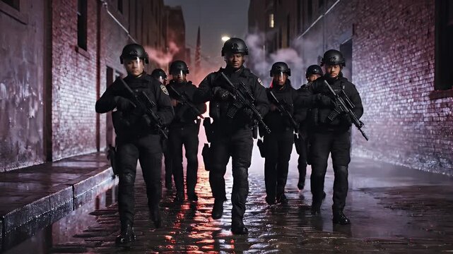 Armed tactical police officers advance down a dark wet alleyway with red and blue flashing lights creating an intense atmosphere
