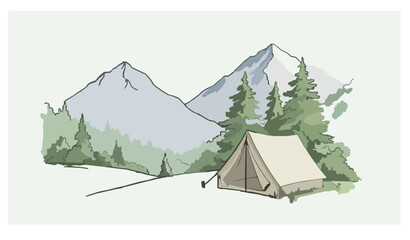 Hand drawn watercolor mountain camping landscape with tent © MdMahfizur
