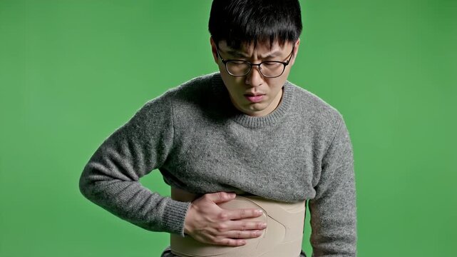 Asian Man Wearing Sweater and Abdominal Support Belt Grimacing in Pain Against Green Screen Background