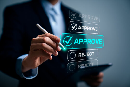 Business executive selecting approve option on virtual interface with stylus pen, digital approval workflow system and online authorization management concept for corporate decision process