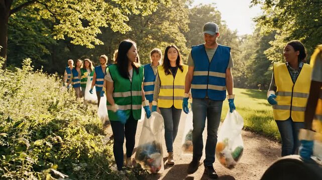 Diverse Volunteers Clean Park With Trash Bags During Daytime In A Group