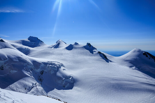 Mountain glacier panorama of Monte Rosa massif with summits Signalkuppe, Parrotspitze, Ludwigsh&ouml;he, Corno Nero (Schwarzhorn) and Vincent Pyramid (left to right) in Pennine Alps, Italy