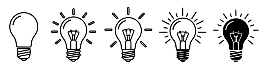 Light bulb icon set. Includes simple, glowing, and radiant bulbs. Created in black line style with white background