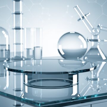 Glass laboratory equipment and molecular concept on reflective surface lab validation background