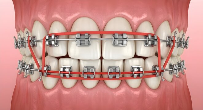 Close-Up Dental Illustration Depicting Orthodontic Braces and Elastic Pattern